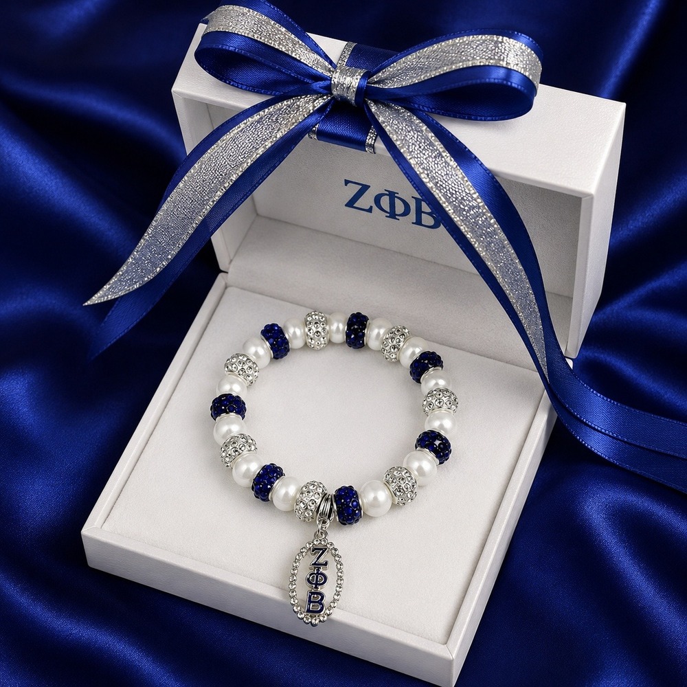 Zeta Phi‎ Beta Bracelet Blue and White Pearls rhinestone with Logo Pendant
